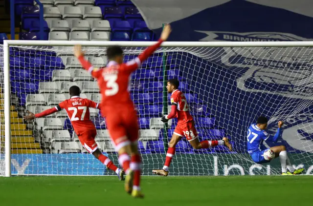 Chuba Akpom scores Middlesbrough's third goal at Birmingham