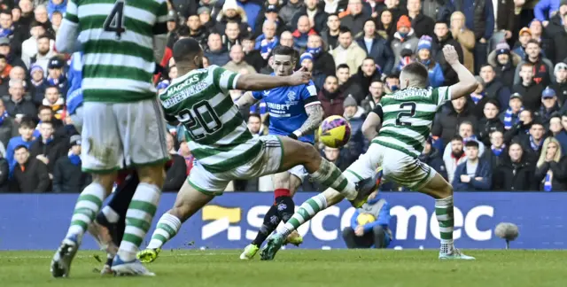 Rangers' Ryan Kent (centre) scores to make it 1-1 during a cinch Premiership match between Rangers and Celtic at Ibrox Stadium