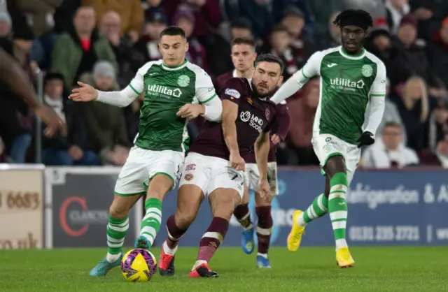 Hearts' Robert Snodgrass and Hibernian's Kyle Magennis during a cinch Premiership match between Heart of Midlothian and Hibernian at Tynecastle