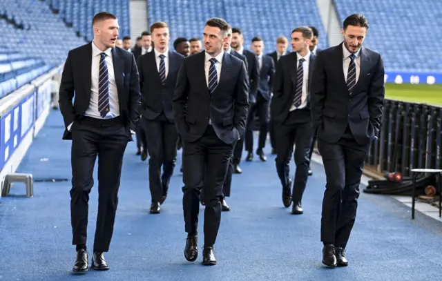 Rangers' John Lundstram, Ryan Jack and Ben Davies arrive during a cinch Premiership match between Rangers and Celtic at Ibrox Stadium