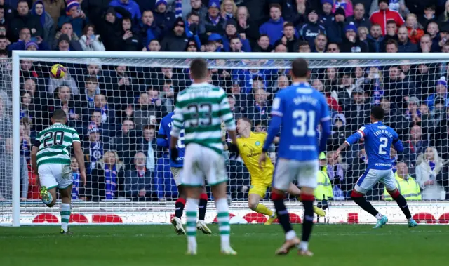 Rangers' James Tavernier scores their side's second goal of the game from the penalty spot during the cinch Premiership match at Ibrox