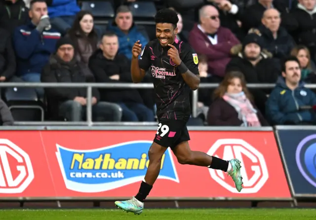 Ian Maatsen celebrates his goal at Swansea