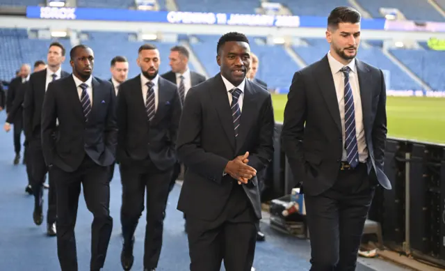 Rangers' Antonio Colak (R) and Fashion Sakala arrive ahead of a cinch Premiership match between Rangers and Celtic at Ibrox Stadium