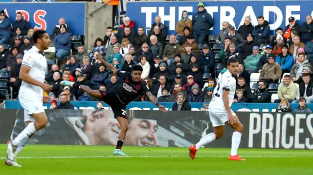 Ian Maatsen scores Burnley's second goal at Swansea