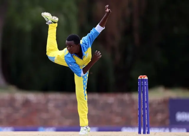 Rwandan bowler Zurafat Ishimwe playing against Zimbabwe in the ICC Women's U19 T20