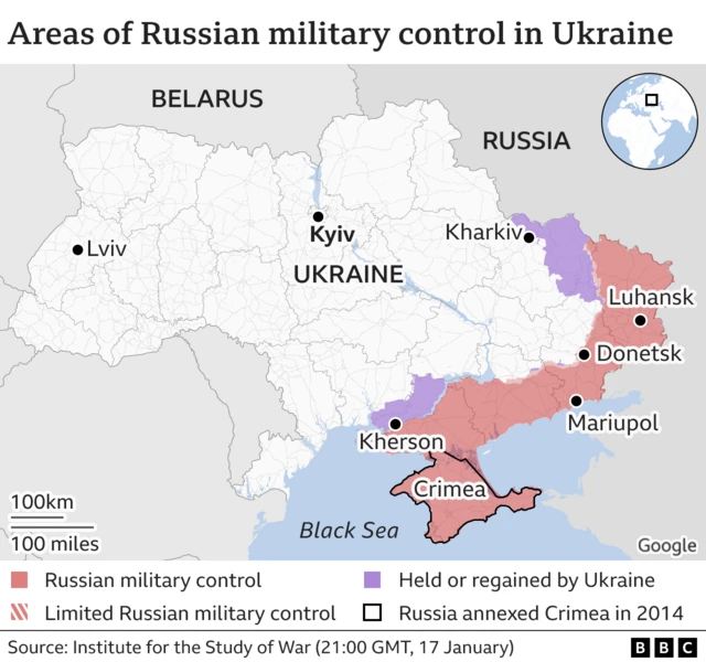 Map showing areas of Russian military control in Ukraine