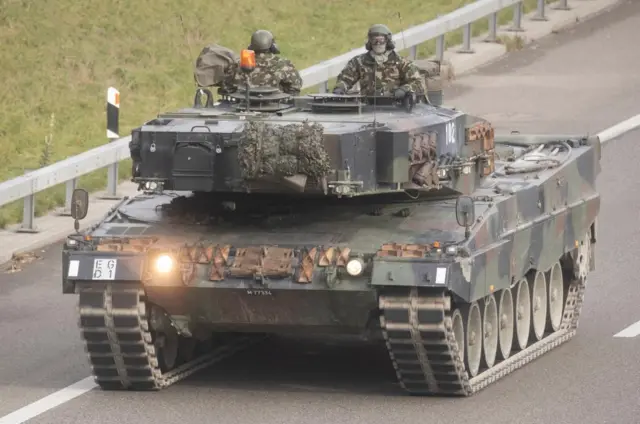 Soldiers of the Swiss Army are seen in a Leopard 2 tank on a training exercise in Switzerland