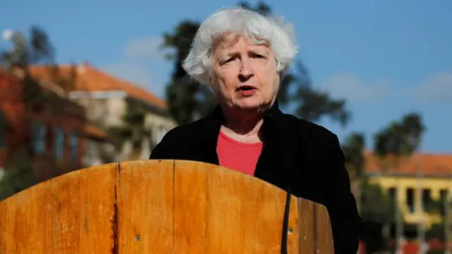 U.S. Treasury Secretary Janet Yellen gives a speech after she visited the House of Slaves (Maison des Esclaves) at Goree Island off the coast of Dakar