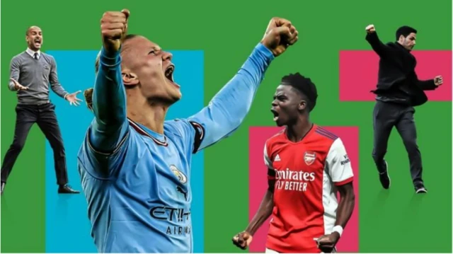 Pep Guardiola, Erling Haaland, Bukayo Saka and Mikel Arteta