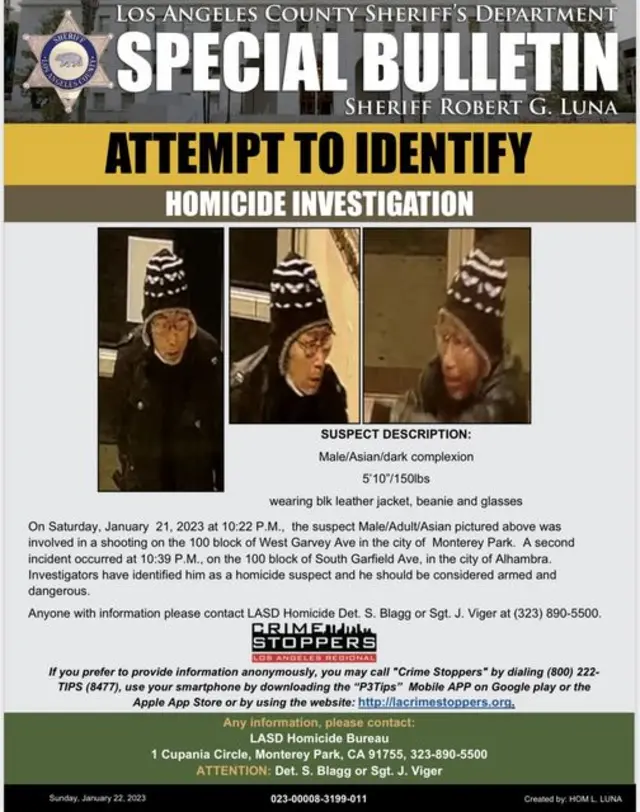 A wanted poster for the Monterey Park shooting suspect