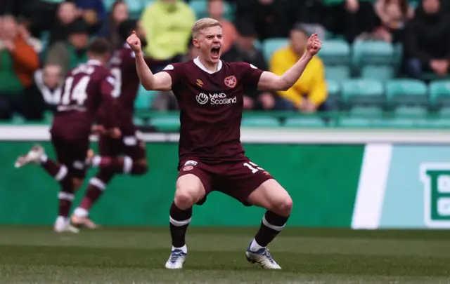 Hearts' Alex Cochrane celebrates the breakthrough goal