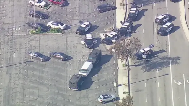 A van surrounded by police vehicles