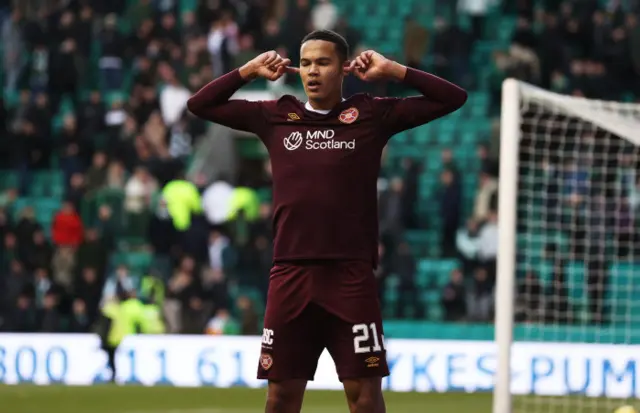 Toby Sibbick celebrates making it 3-0 for Hearts