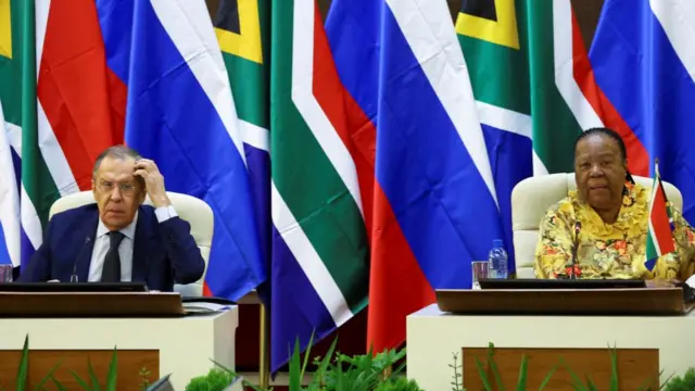 South Africa's Foreign Minister Naledi Pandor and Russia's Foreign Minister Sergei Lavrov present opening remarks during a bilateral meeting, in Pretoria