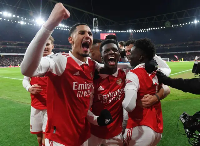 Eddie Nketiah, Bukayo Saka and William Saliba celebrate