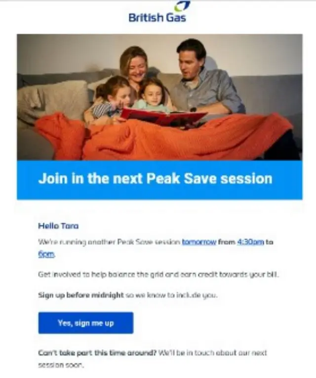 A screenshot of Tara's invite from British Gas