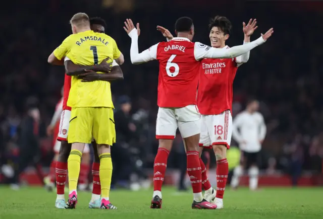 akehiro Tomiyasu of Arsenal celebrates with Gabriel