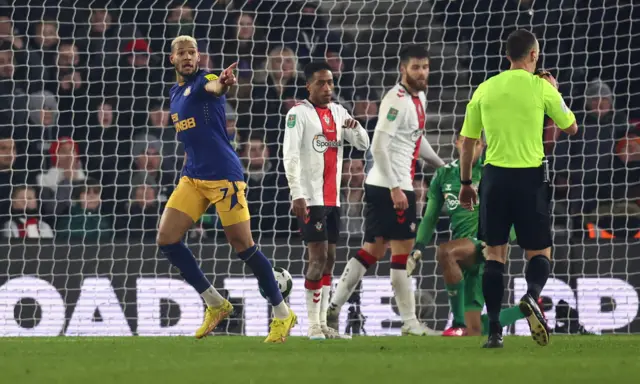 Newcastle United's Joelinton celebrates scoring their first goal before it is disallowed