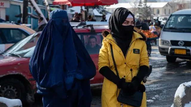 Two women wearing face coverings in Kabul