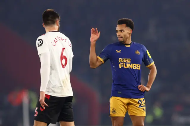 Southampton's Duje Caleta-Car walks of the pitch after being shown a red card as Newcastle United's Jacob Murphy reacts