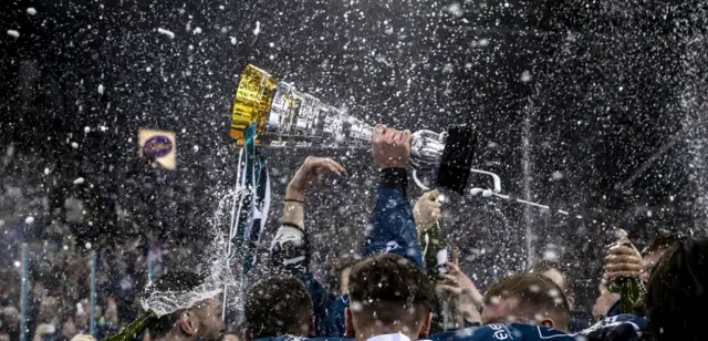 Belfast Giants celebrate winning the Challenge Cup after defeating the Cardiff Devils in overtime in at the SSE Arena, Belfast.