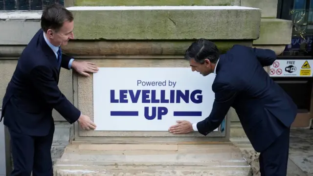 Chancellor Jeremy Hunt (left) and Prime Minister Rishi Sunak in front of a levelling up sign in Lancashire