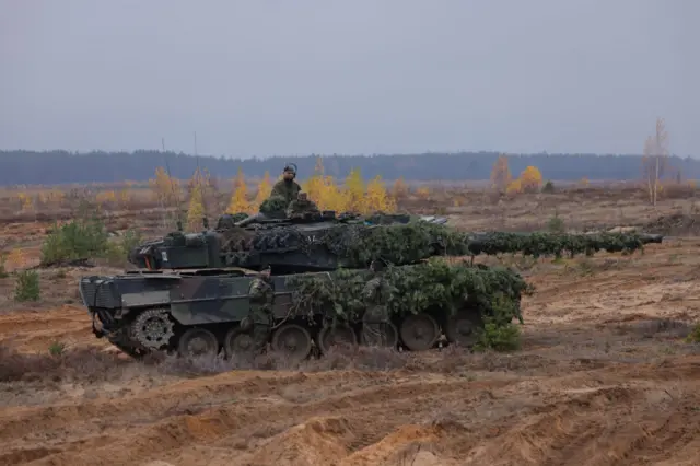 A German Leopard 2 tank taking part in Nato military exercises in October 2022 in Lithuania