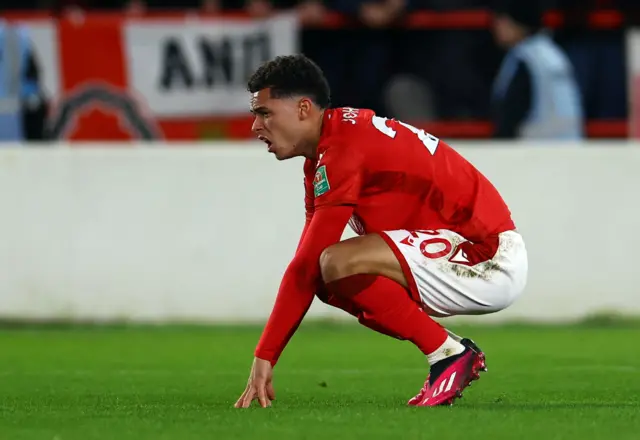 Nottingham Forest's Brennan Johnson after shot is saved