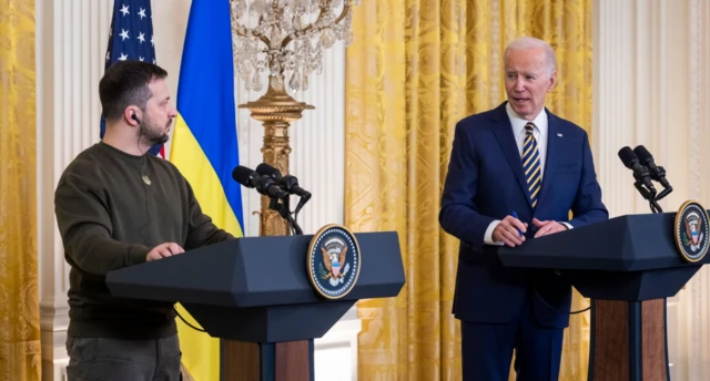 US President Joe Biden and Ukrainian President Volodymyr Zelensky hold a press conference in the East Room of the White House Washington