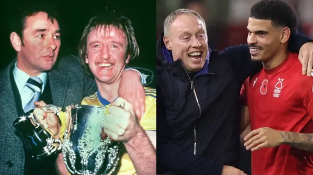 Split picture of former Nottingham Forest boss Brian Clough and Kenny Burns with the League Cup, and current Reds boss Steve Cooper with Morgan Gibbs-White