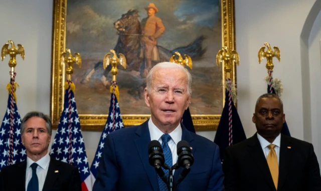 US President Joe Biden, with US Secretary of State Antony Blinken and US Secretary of Defense Lloyd Austin, announces the transfer of M1 Abrams tanks to Ukraine during remarks on continued U.S. support to Ukraine in the Roosevelt Room of the White House in Washington