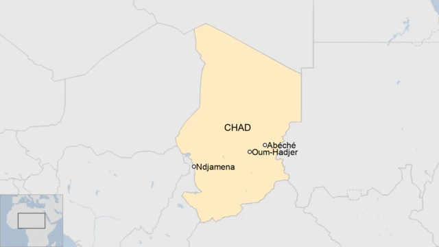 A map of Chad showing Abéché, Oum-Hadjer and Ndjamena.