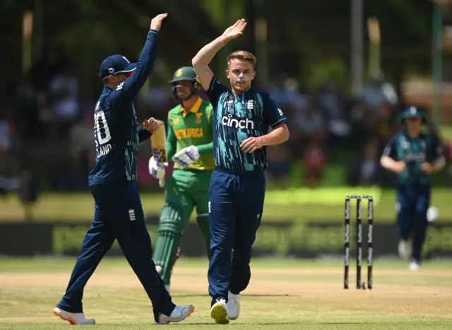 Sam Curran of England celebrates after taking the wicket of Quinton de Kock of South Africa during the 1st One Day International between South Africa and England at Mangaung Oval on January 27, 2023 in Bloemfontein, South Africa.