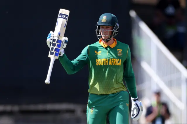 Rassie van der Dussen celebrates his half-century against England in the first ODI