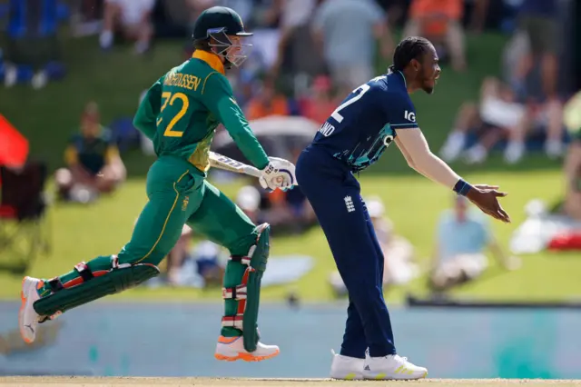 England's Jofra Archer remonstrates during the first South Africa ODI
