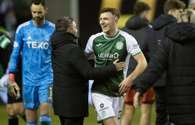 Hibs manager Lee Johnson congratulates Josh Campbell