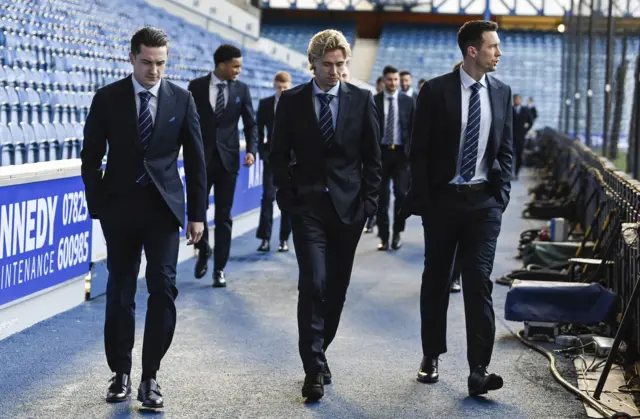 Todd Cantwell (centre) makes his debut for Rangers