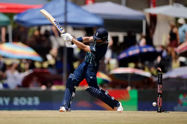 England's Moeen Ali is is bowled by a delivery from South Africa's Anrich Nortje (not seen) during the second one day international (ODI) cricket match between South Africa and England at Mangaung Oval in Bloemfontein