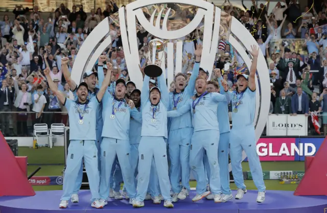 Eoin Morgan and England celebrate winning the 2019 Cricket World Cup