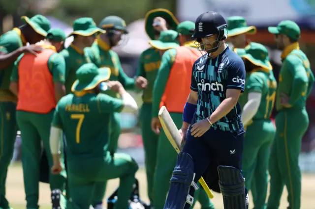 England's Ben Duckett reacts after being dismissed by South Africa's Keshav Maharaj