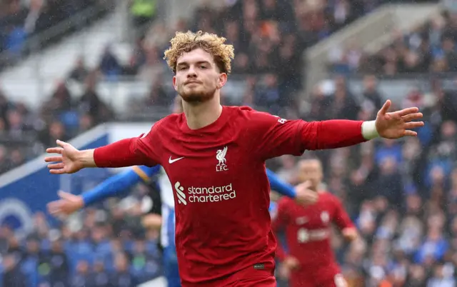 Harvey Elliott celebrates scoring against Brighton