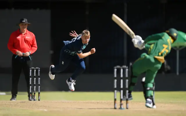 Olly Stone of England bowls during the 2nd One Day International between South Africa and England at Mangaung Oval