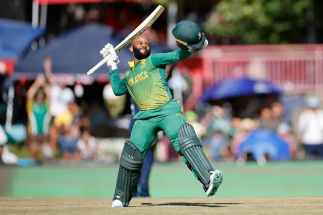 South Africa captain Temba Bavuma celebrates his century against England in the second ODI