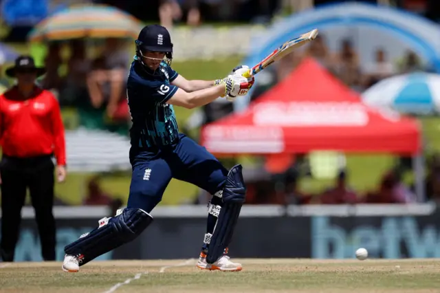 England's Harry Brook hits a boundary in the second ODI against South Africa