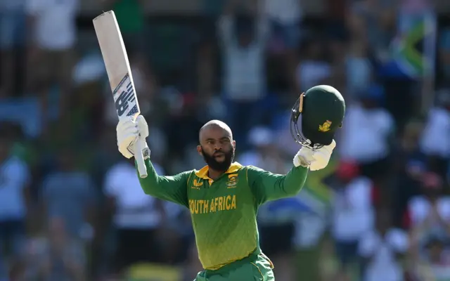 South Africa captain Temba Bavuma celebrates his century against England in the second ODI