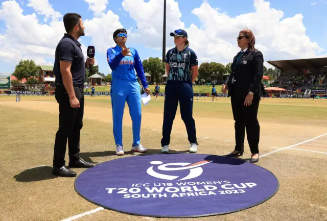 Shafali Verma of India flips the coin as Grace Scrivens of England looks on ahead of the ICC Women's U19 T20 World Cup 2023 Final match between India and England at JB Marks Oval