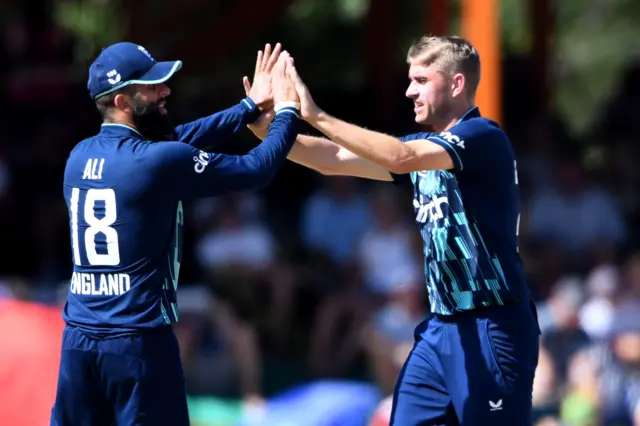 Olly Stone of England celebrates the wicket of Quinton de Kock of the Proteas during the ICC CWCSL, 2nd Betway ODI match between South Africa and England at Mangaung Oval