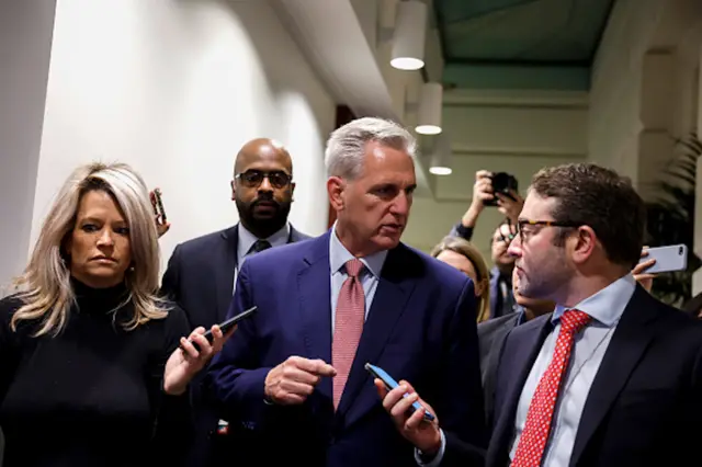 Kevin McCarthy speaks to reporters as he arrives at US Capitol