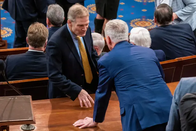 Jim Jordan (left) speaks with Kevin McCarthy