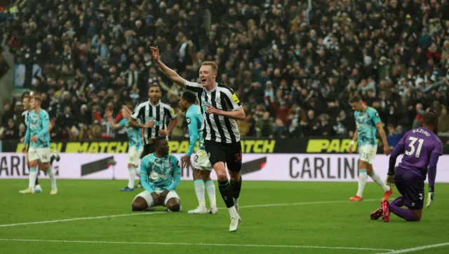 Sean Longstaff scores his second goal against Southampton